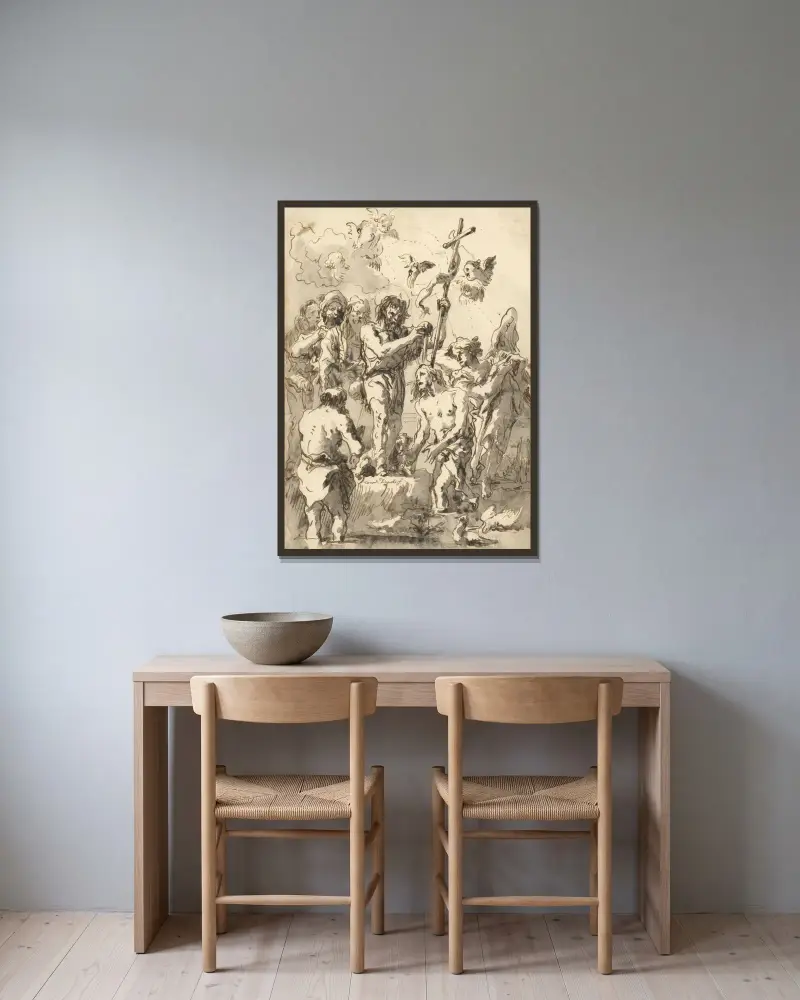 Kristi dop (med två ankor i vattnet nedre till höger) av Giovanni Domenico Tiepolo inramad på en vägg