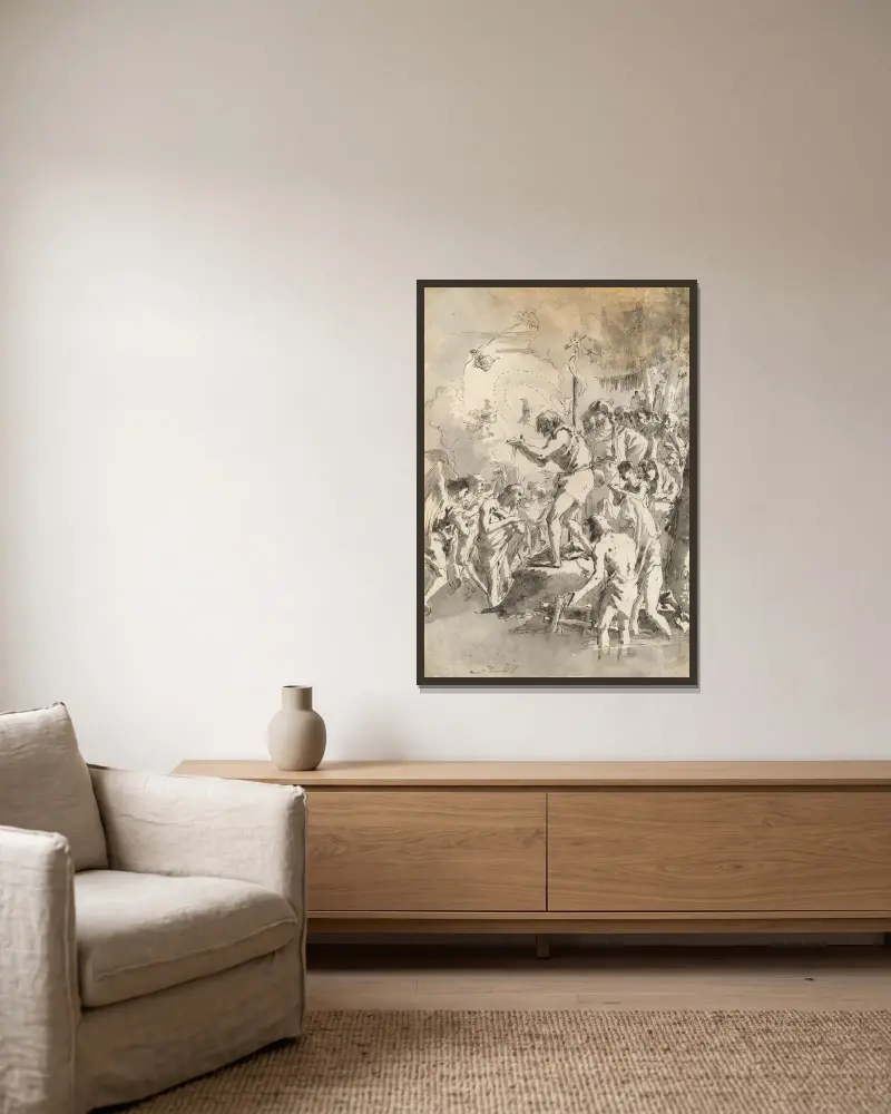Kristi dop (med tre änglar närvarande) av Giovanni Domenico Tiepolo inramad på en vägg