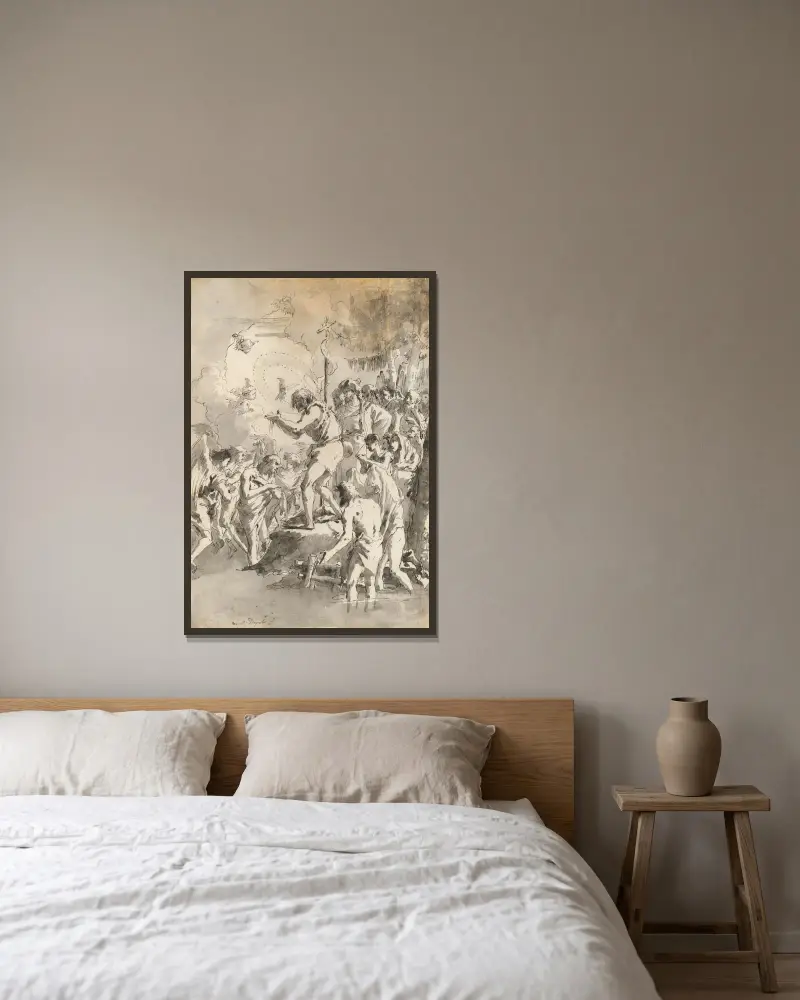 Kristi dop (med tre änglar närvarande) av Giovanni Domenico Tiepolo inramad på en vägg