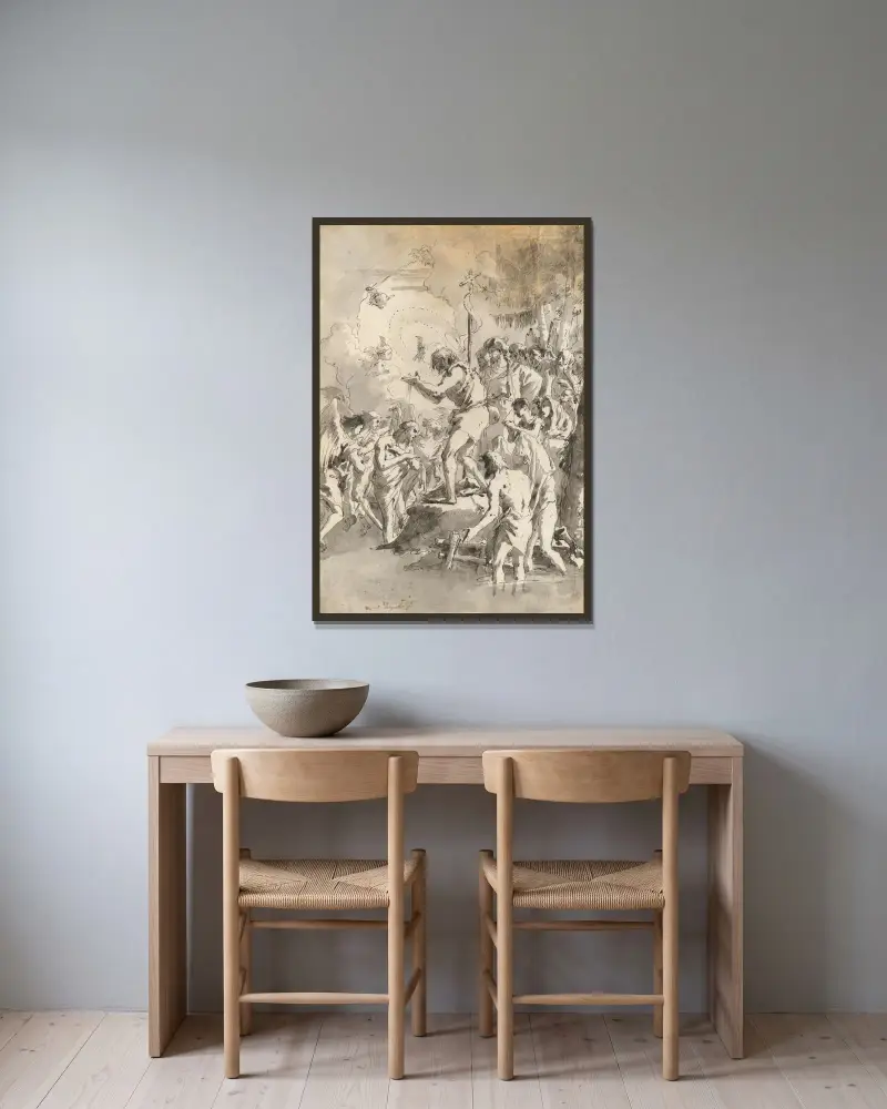 Kristi dop (med tre änglar närvarande) av Giovanni Domenico Tiepolo inramad på en vägg