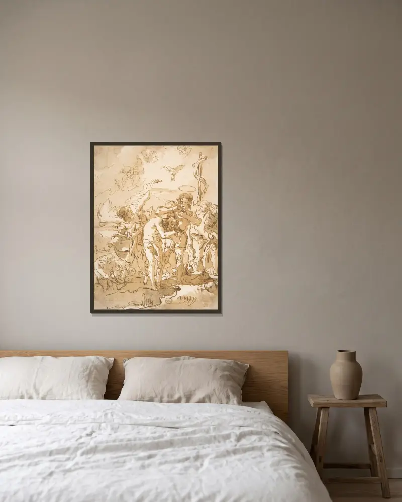 Kristi dop av Giovanni Domenico Tiepolo inramad på en vägg