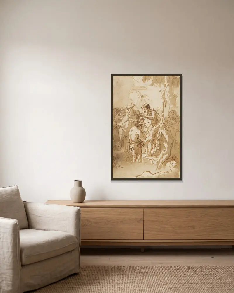 Kristi dop av Giovanni Domenico Tiepolo inramad på en vägg