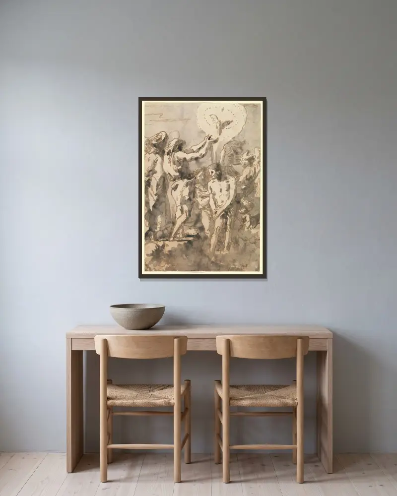 Kristi dop (med Johannes, utan kors, i profil till höger) av Giovanni Domenico Tiepolo inramad på en vägg