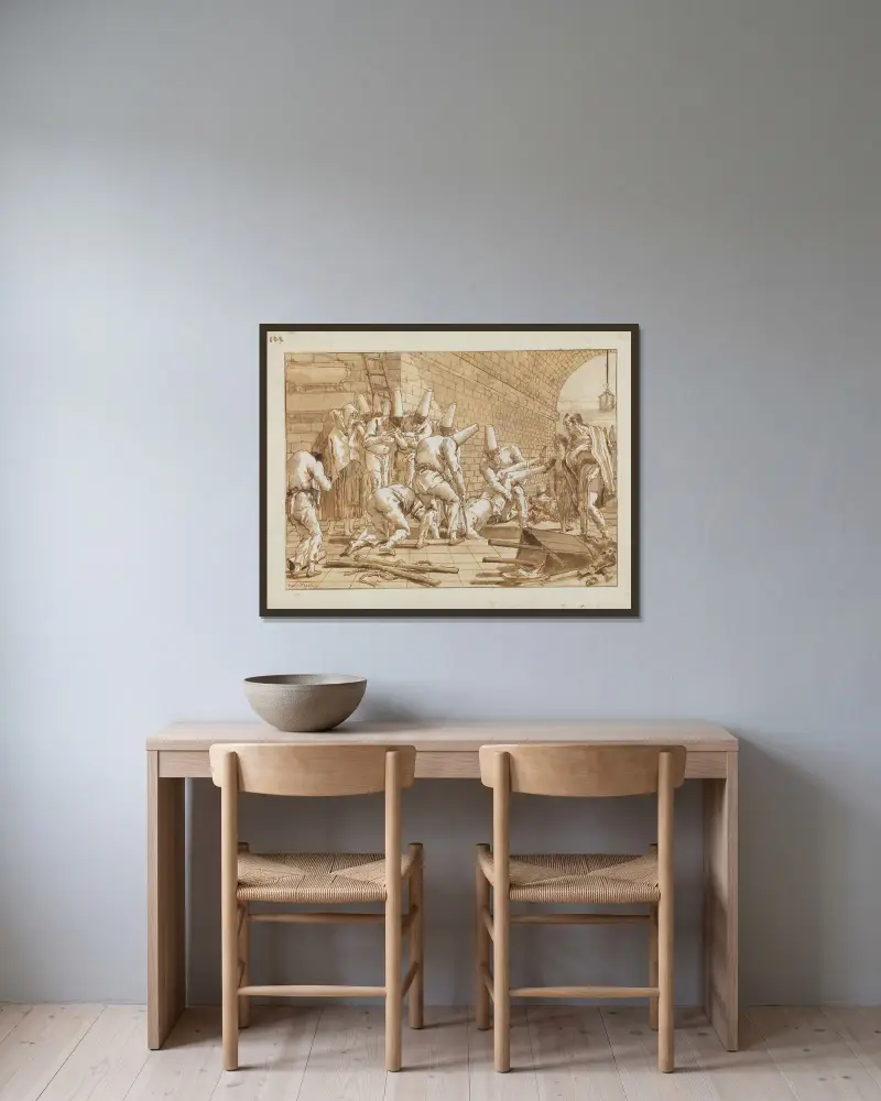 Punchinellos begravning av Giovanni Domenico Tiepolo inramad på en vägg