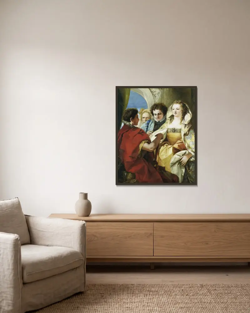 Scipios återhållsamhet av Giovanni Domenico Tiepolo inramad på en vägg