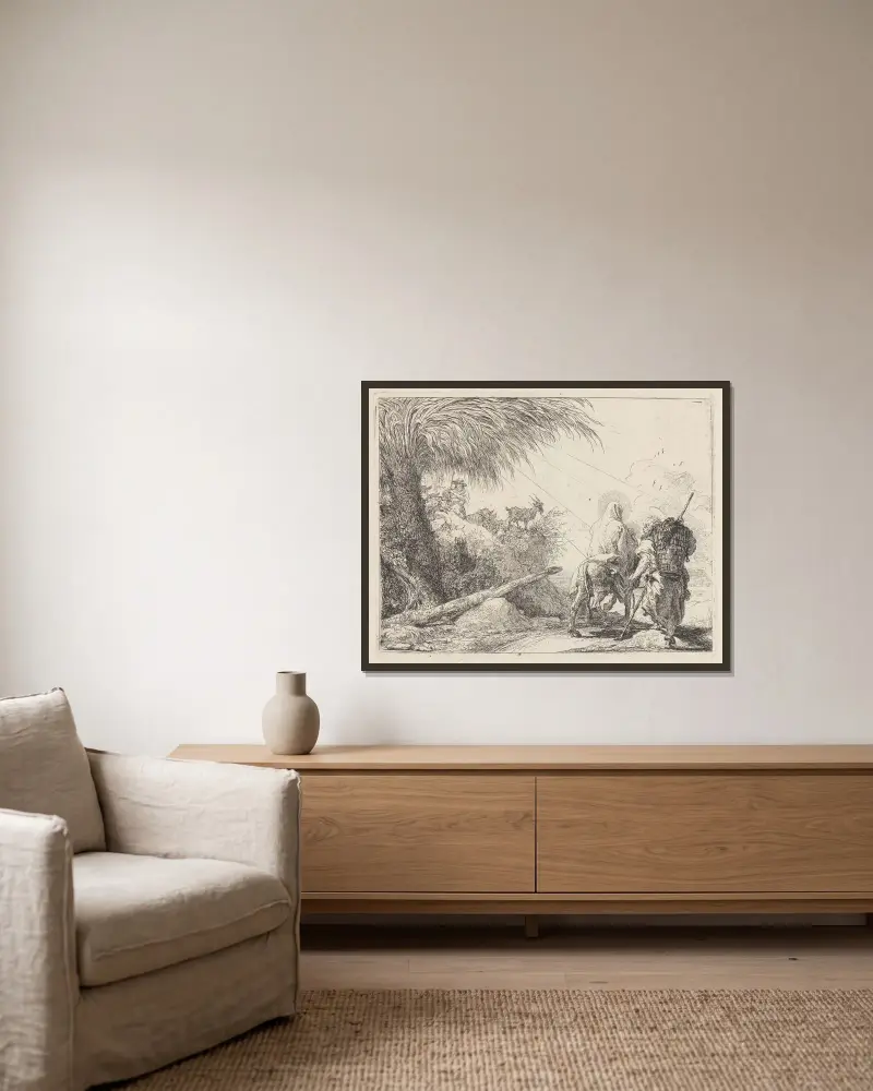 Die Flucht, die Heilige Familie rechts, Josef nach links blickend von Giovanni Domenico Tiepolo gerahmt an einer Wand