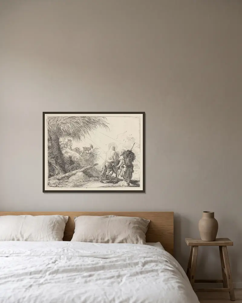 Die Flucht, die Heilige Familie rechts, Josef nach links blickend von Giovanni Domenico Tiepolo gerahmt an einer Wand