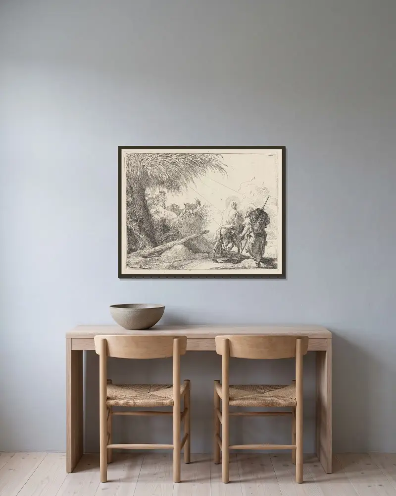 Die Flucht, die Heilige Familie rechts, Josef nach links blickend von Giovanni Domenico Tiepolo gerahmt an einer Wand