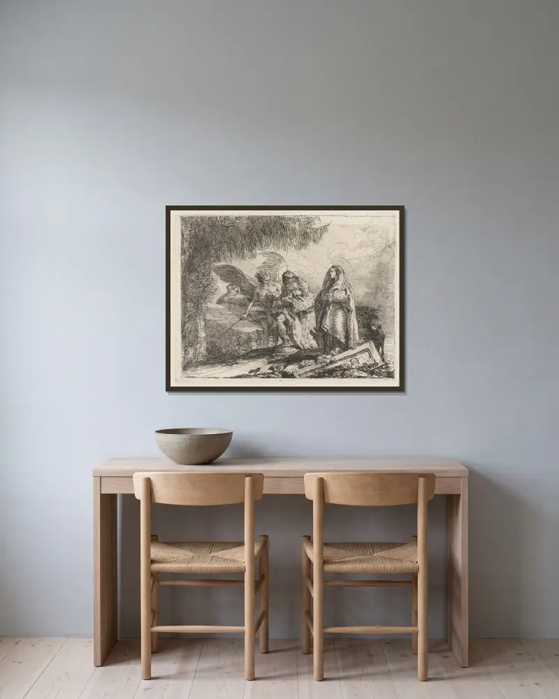 Flykten, den heliga familjen vandrar med ängel av Giovanni Domenico Tiepolo inramad på en vägg