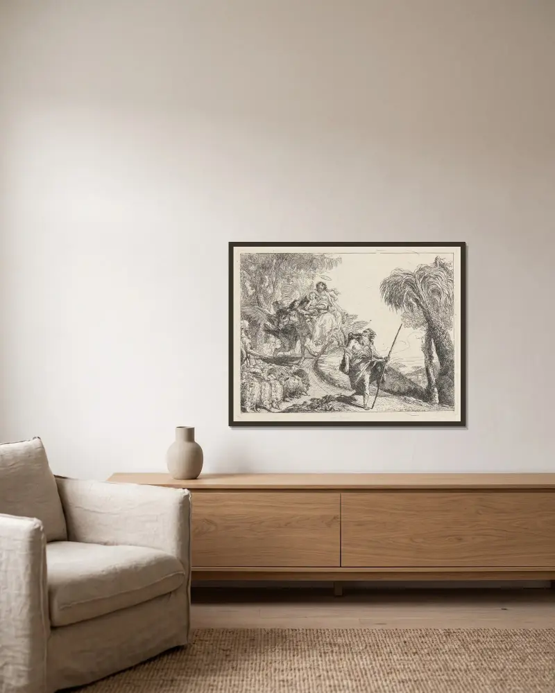 Flykten med Josef i förgrunden av Giovanni Domenico Tiepolo inramad på en vägg