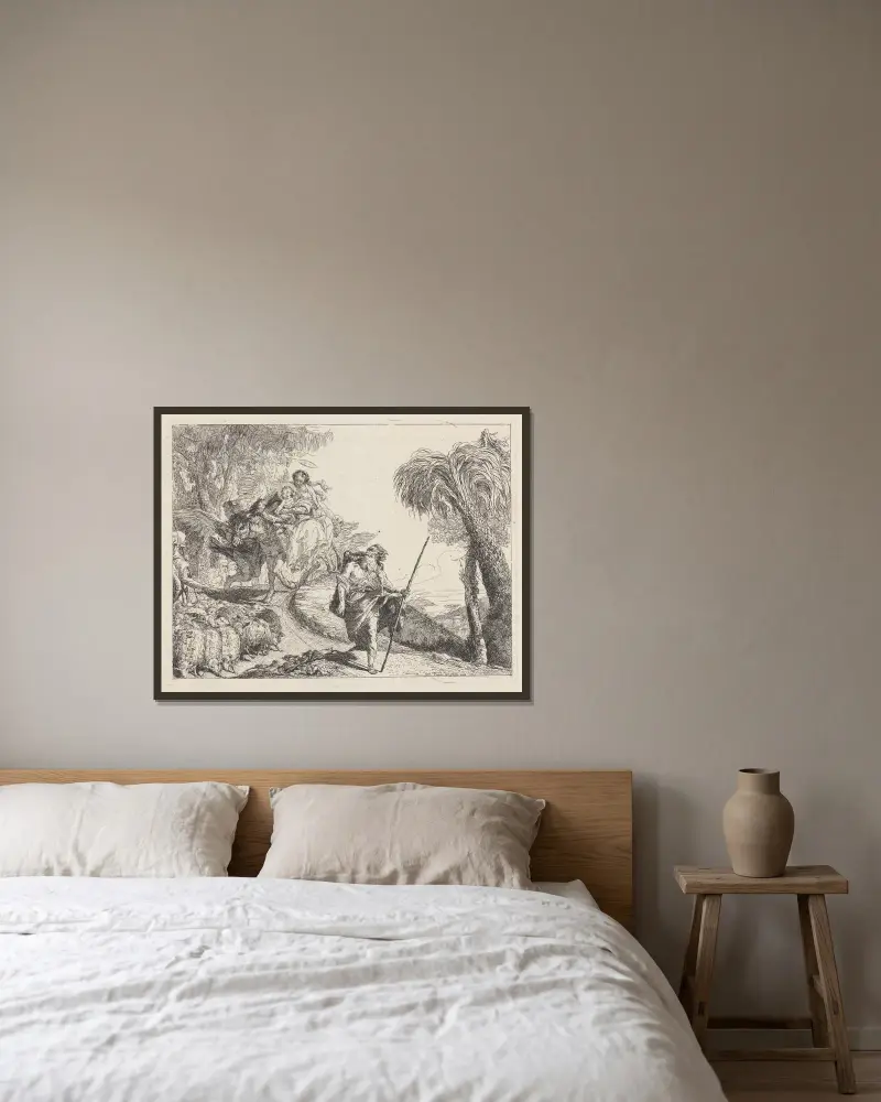 Flykten med Josef i förgrunden av Giovanni Domenico Tiepolo inramad på en vägg