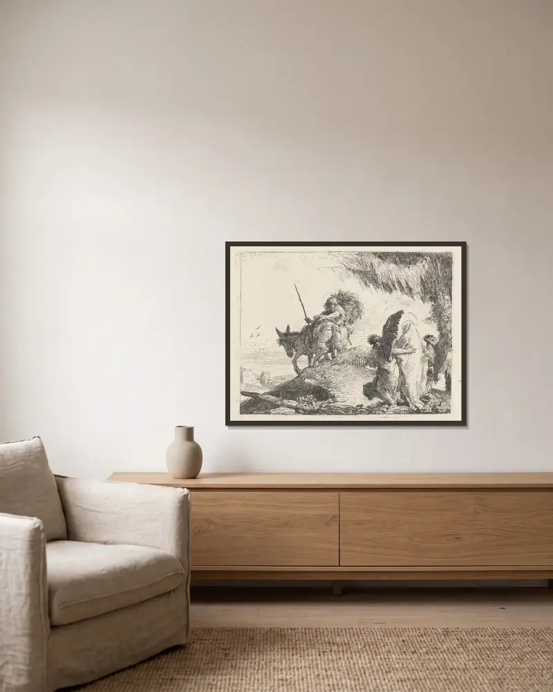 Flykten, med Madonnan till höger stödd av änglar av Giovanni Domenico Tiepolo inramad på en vägg