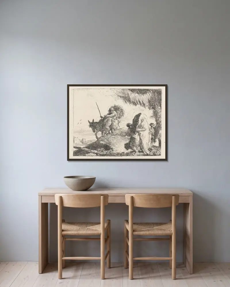 Flykten, med Madonnan till höger stödd av änglar av Giovanni Domenico Tiepolo inramad på en vägg