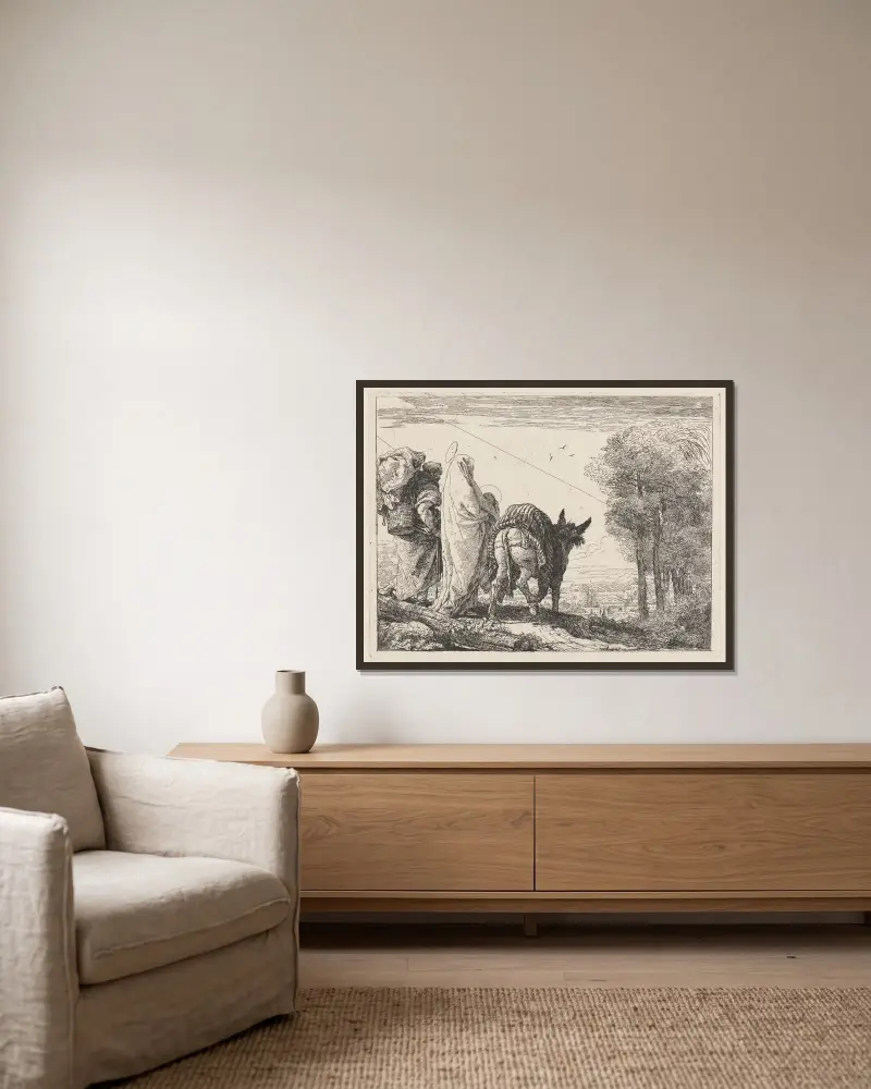 Flykten med den heliga familjen till vänster av Giovanni Domenico Tiepolo inramad på en vägg
