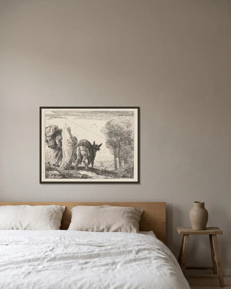 Flykten med den heliga familjen till vänster av Giovanni Domenico Tiepolo inramad på en vägg