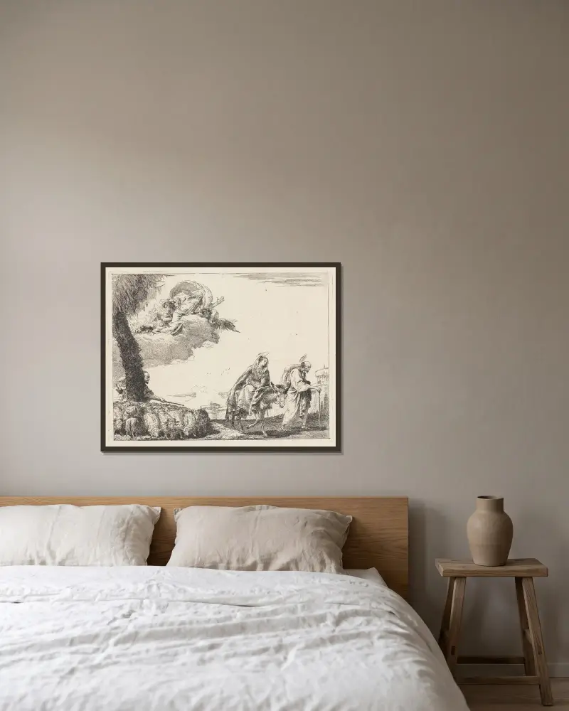 Flykten med den heliga familjen till höger av Giovanni Domenico Tiepolo inramad på en vägg