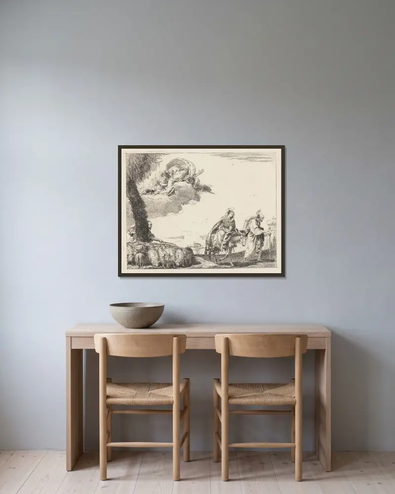 Flykten med den heliga familjen till höger av Giovanni Domenico Tiepolo inramad på en vägg