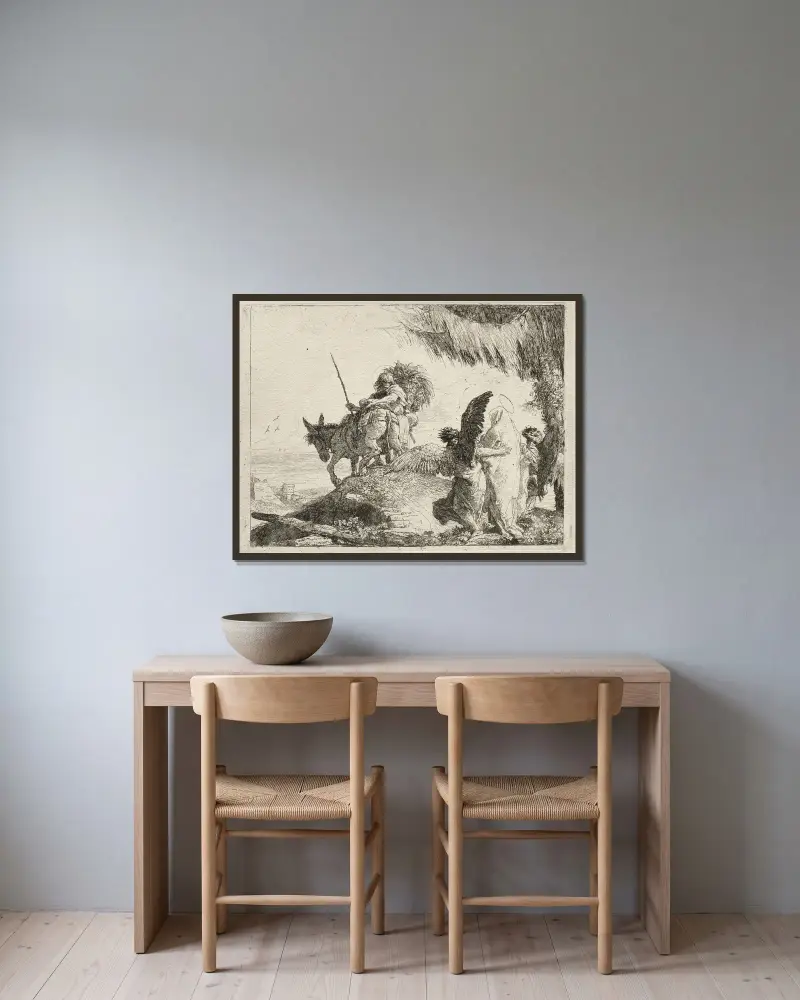 Flykten med Madonnan till höger, stödd av änglar av Giovanni Domenico Tiepolo inramad på en vägg
