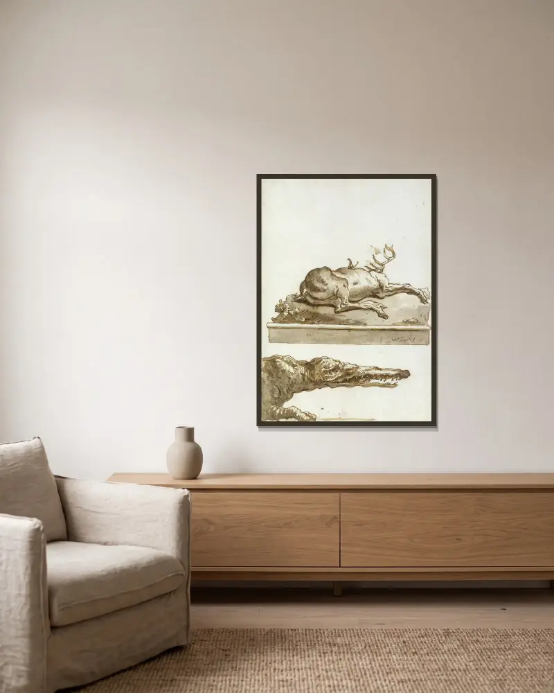 Ett krokodilhuvud av Giovanni Domenico Tiepolo inramad på en vägg
