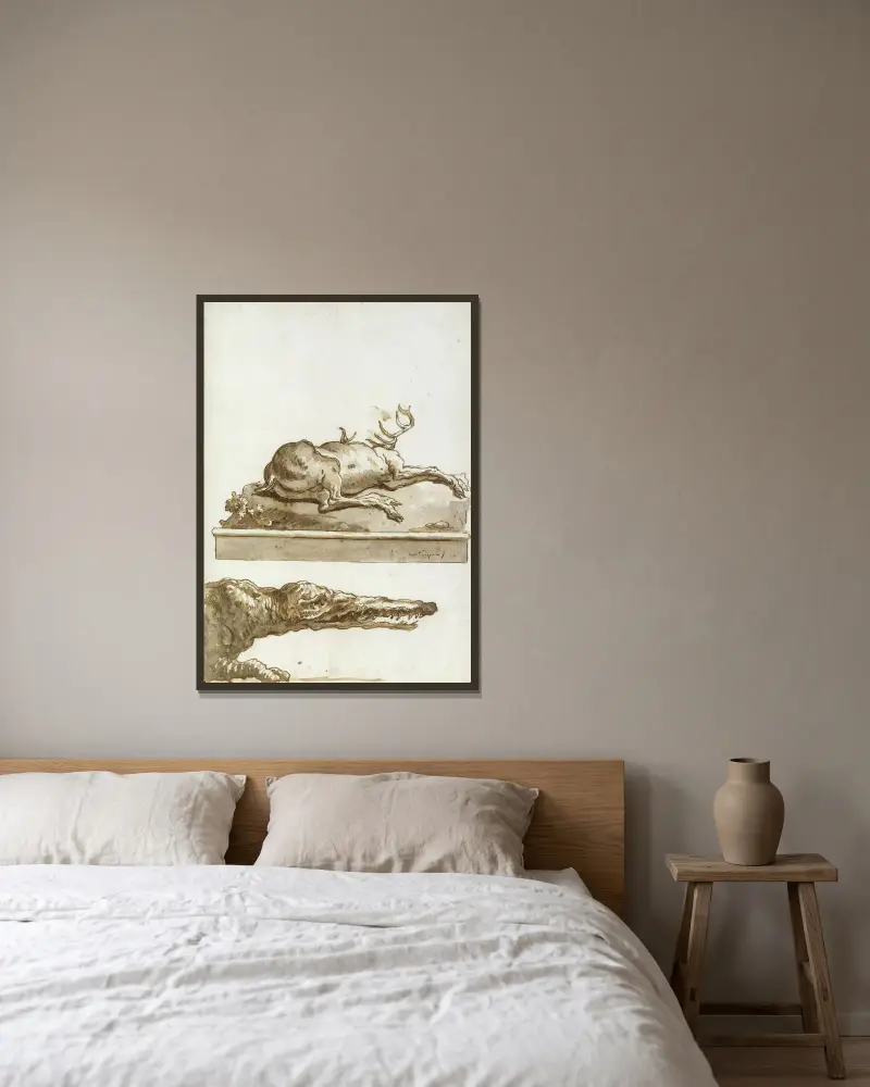 Ett krokodilhuvud av Giovanni Domenico Tiepolo inramad på en vägg