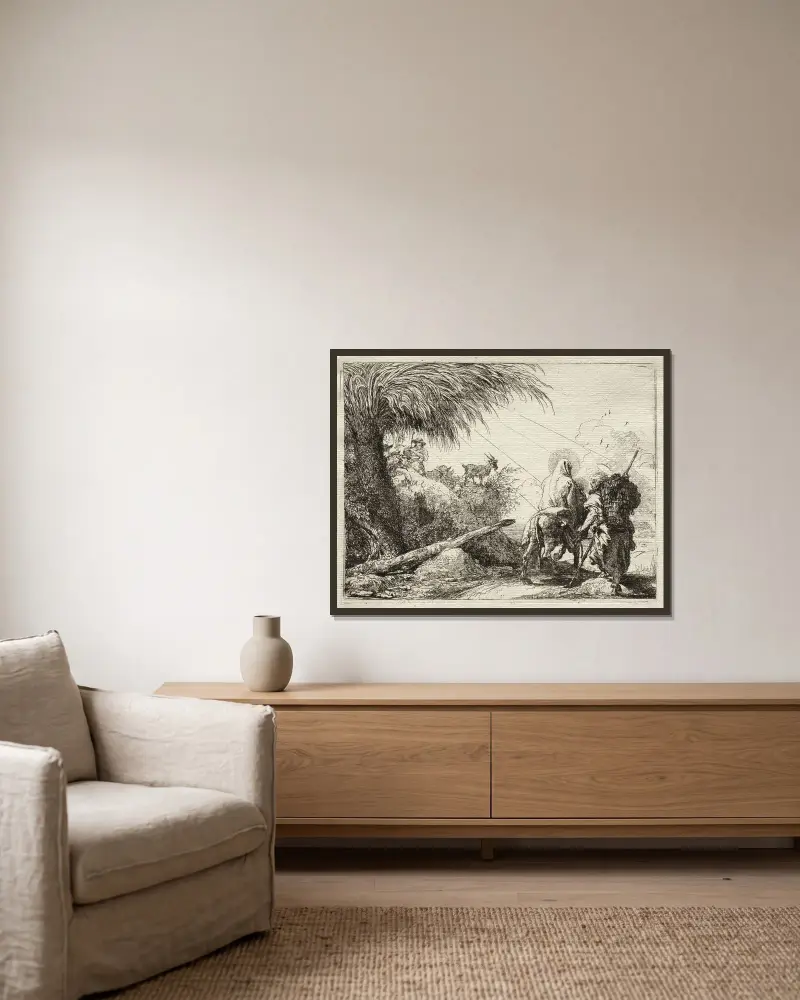 Den heliga familjen och palmen av Giovanni Domenico Tiepolo inramad på en vägg