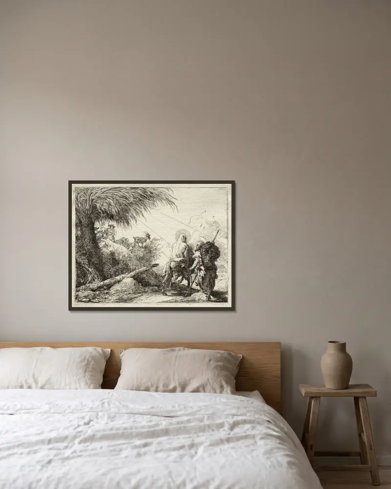 Den heliga familjen och palmen av Giovanni Domenico Tiepolo inramad på en vägg