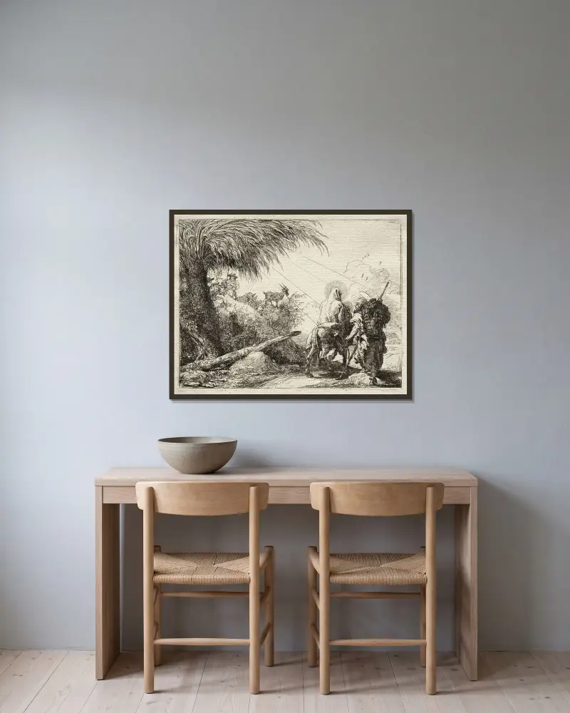 Den heliga familjen och palmen av Giovanni Domenico Tiepolo inramad på en vägg