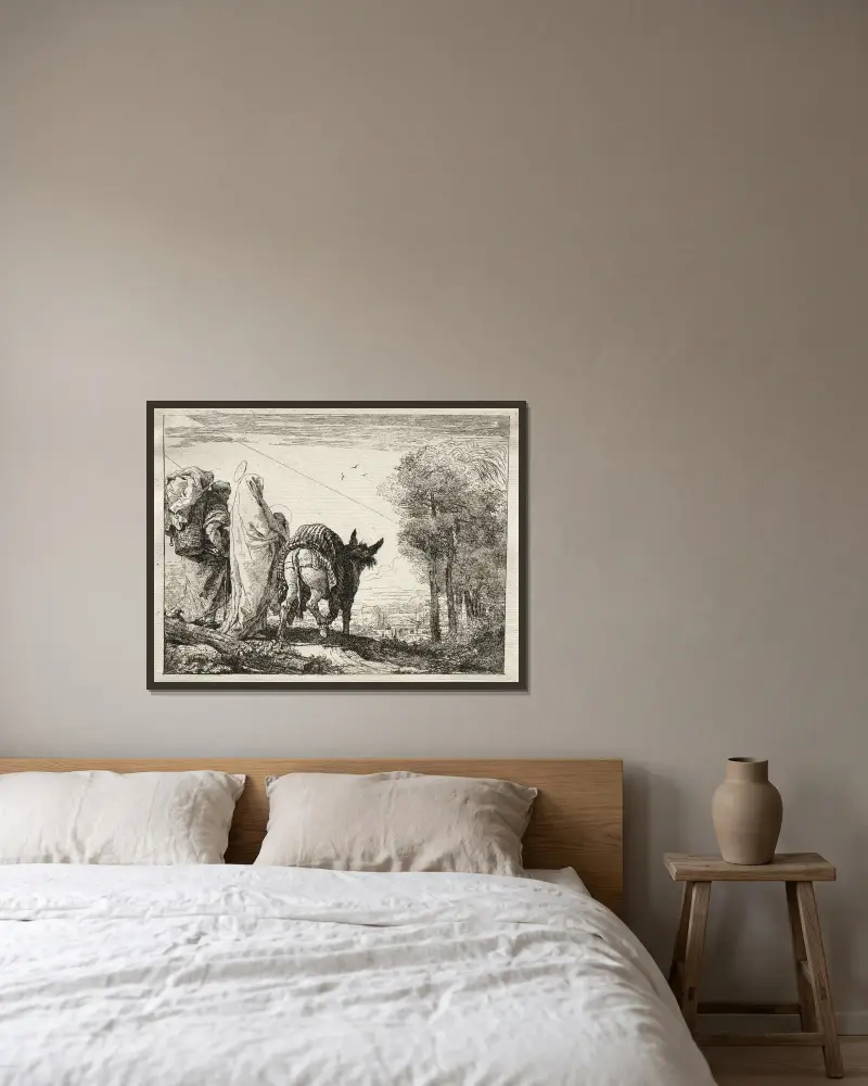 Die heilige Familie auf dem Weg zu einem Dorf von Giovanni Domenico Tiepolo gerahmt an einer Wand
