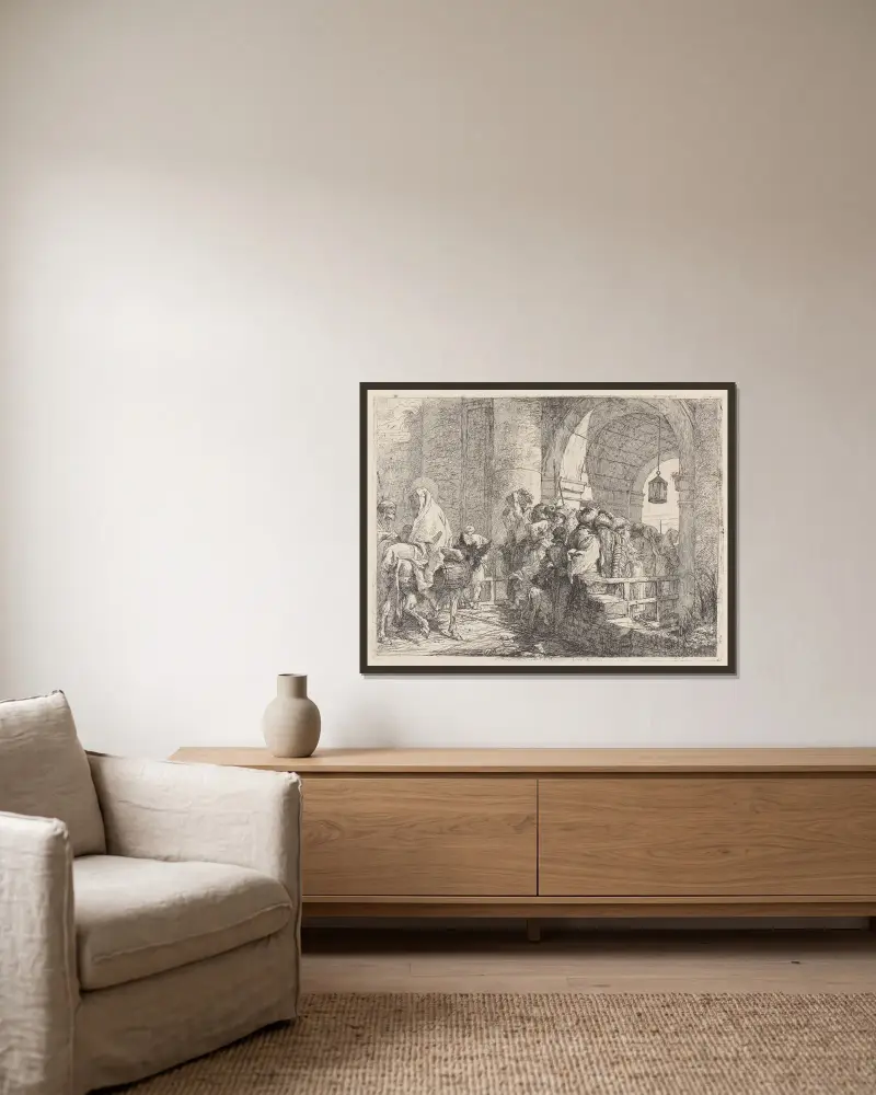 Den heliga familjen anländer till en stadsport av Giovanni Domenico Tiepolo inramad på en vägg