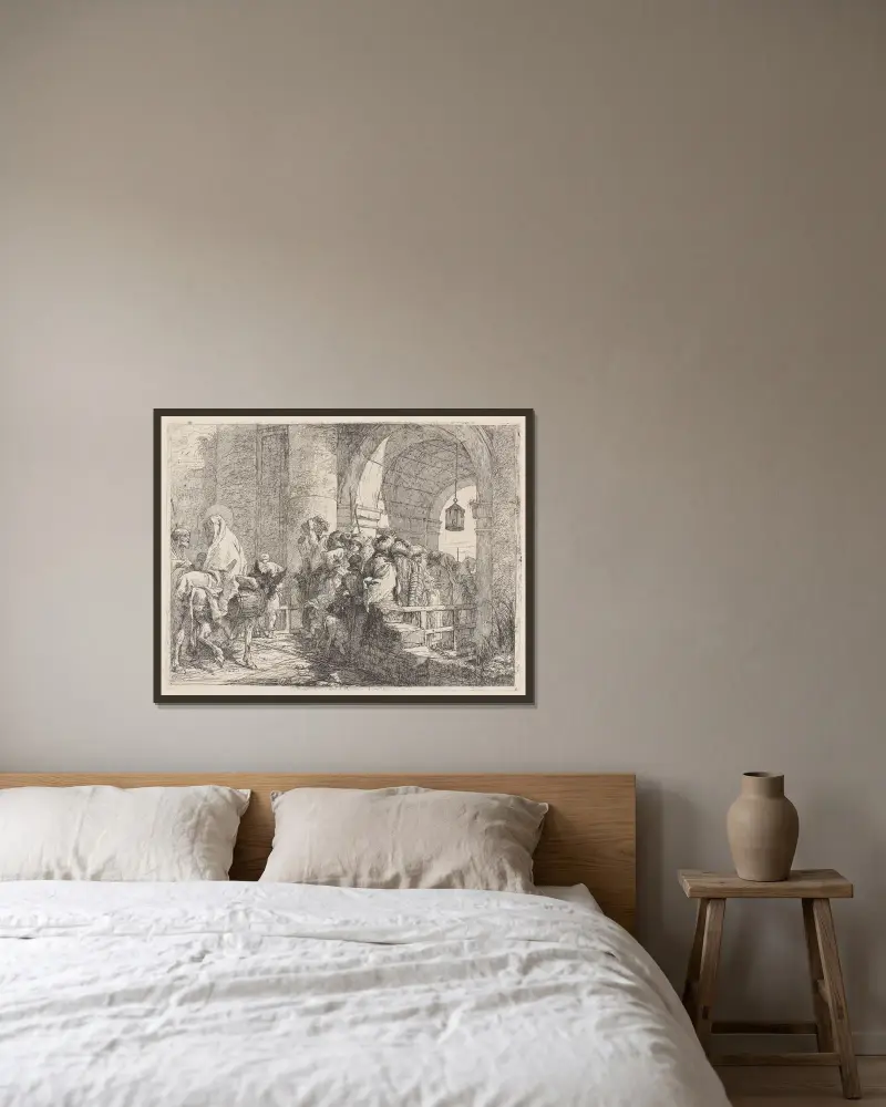 Den heliga familjen anländer till en stadsport av Giovanni Domenico Tiepolo inramad på en vägg