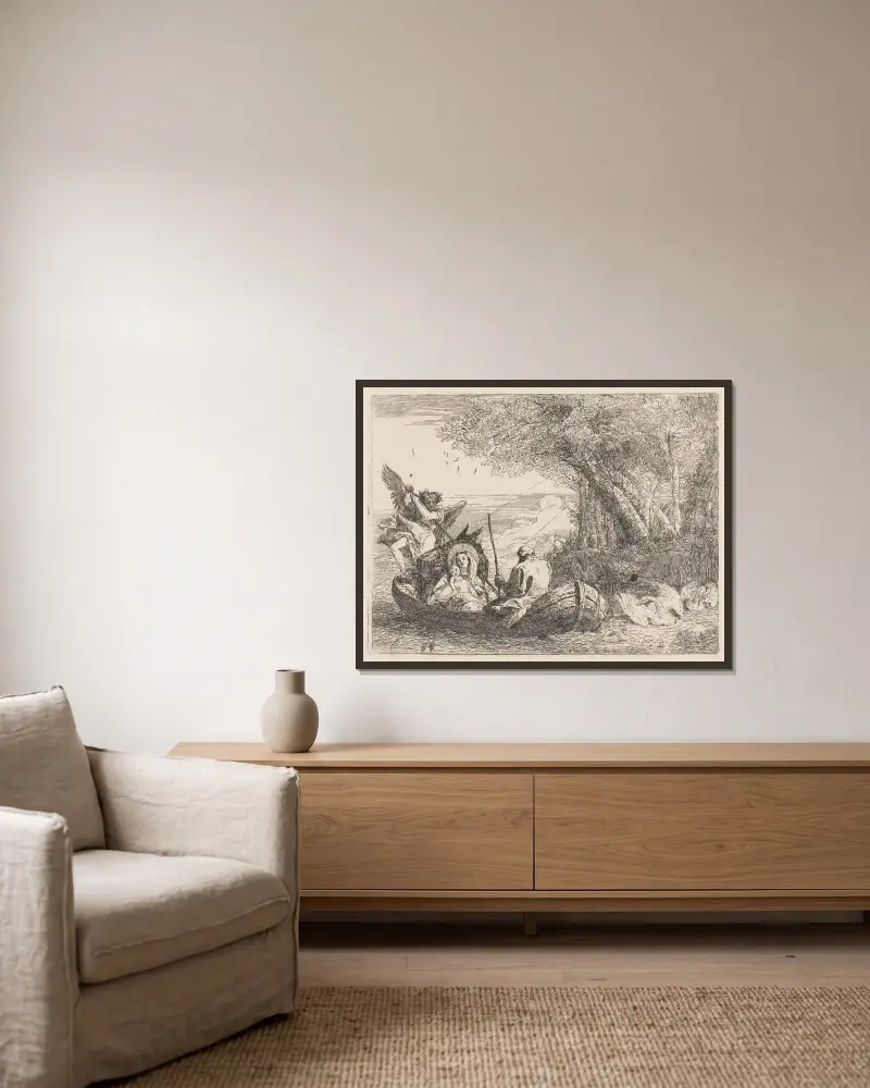 Die Heilige Familie bei der Überfahrt über den Fluss von Giovanni Domenico Tiepolo gerahmt an einer Wand