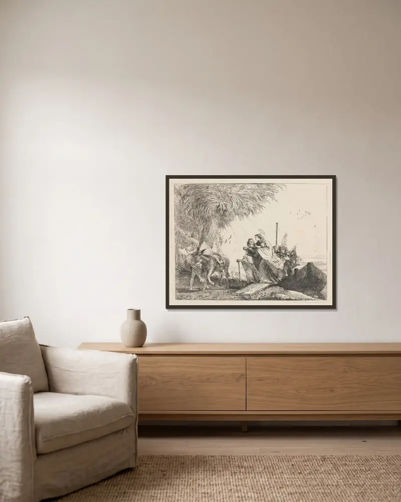 Den heliga familjen går i land av Giovanni Domenico Tiepolo inramad på en vägg