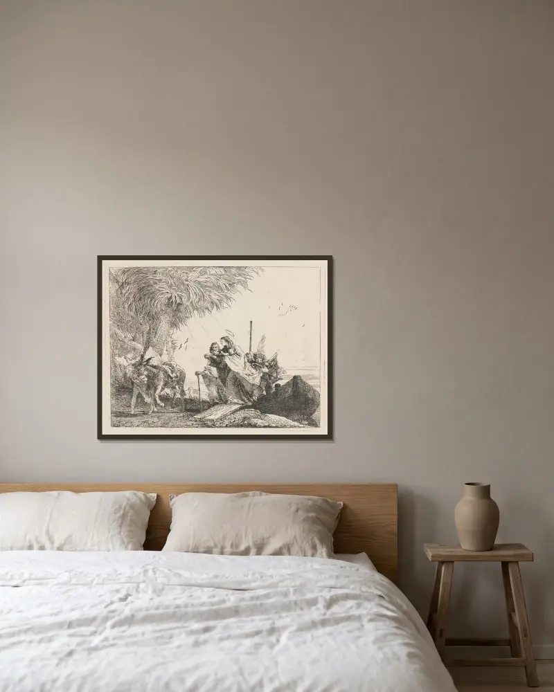 Den heliga familjen går i land av Giovanni Domenico Tiepolo inramad på en vägg
