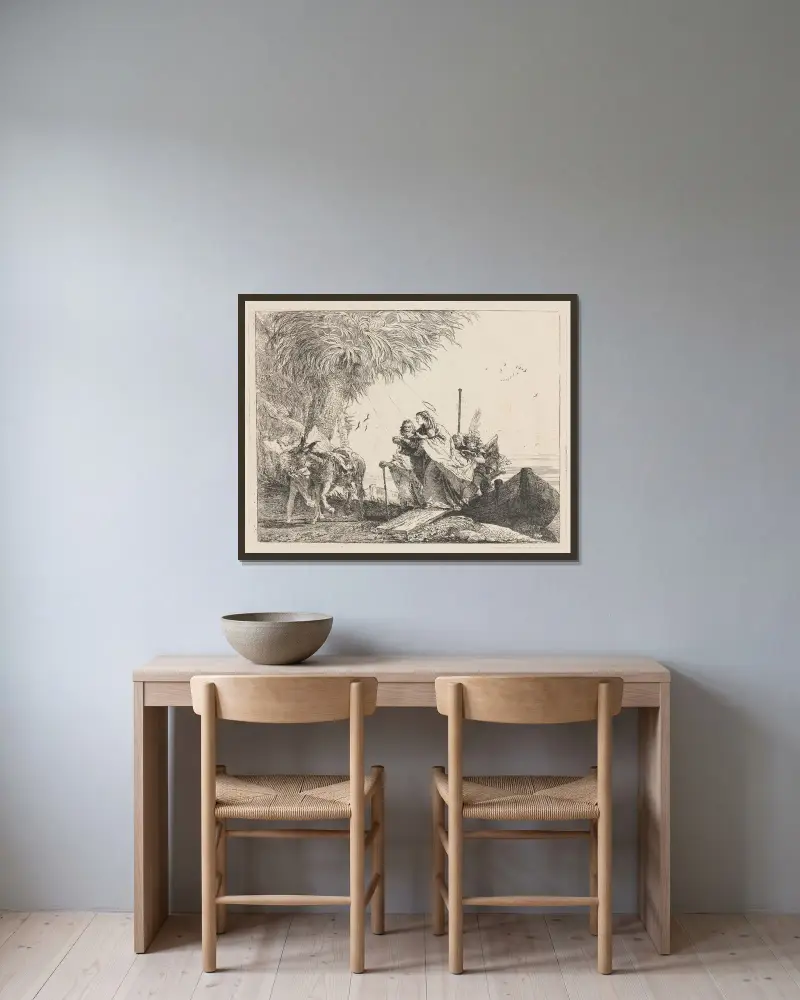 Den heliga familjen går i land av Giovanni Domenico Tiepolo inramad på en vägg