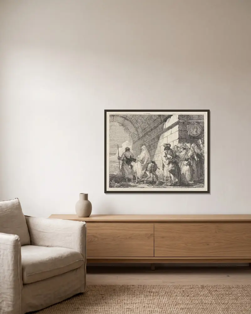 Den heliga familjen passerar under en stadsbåge av Giovanni Domenico Tiepolo inramad på en vägg