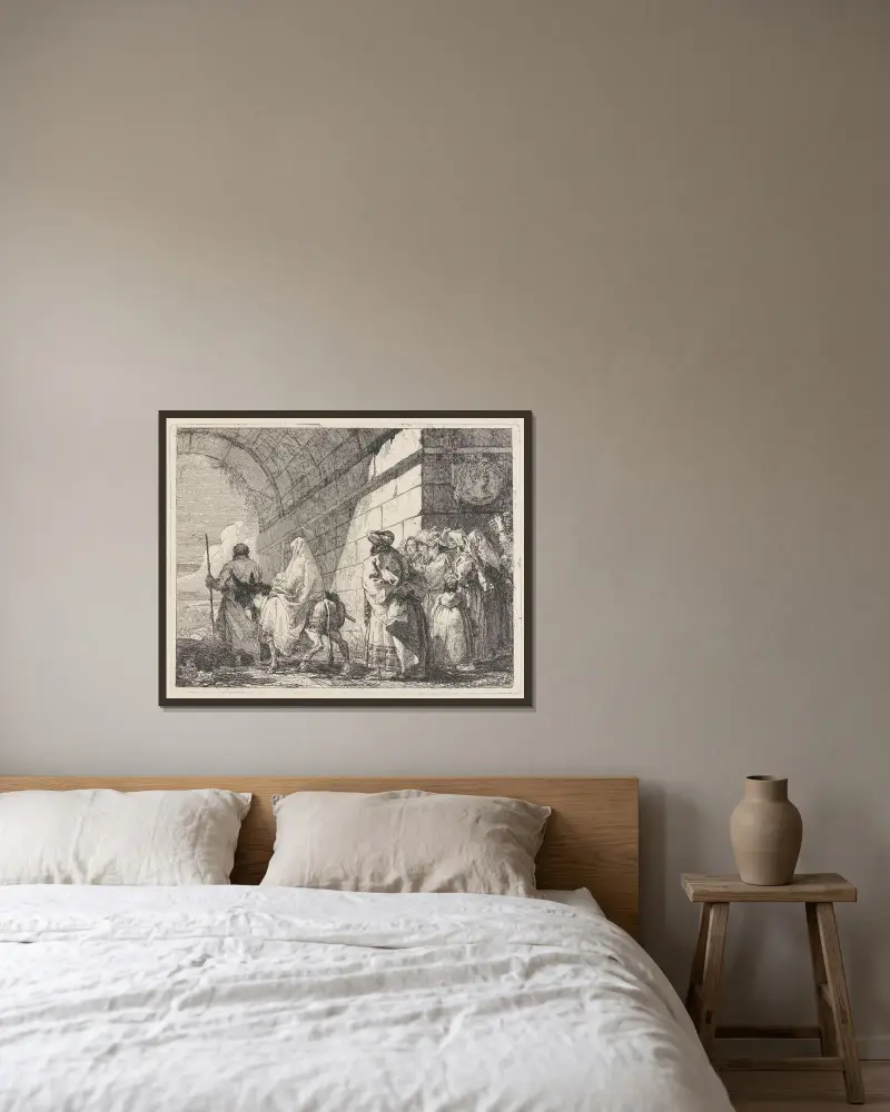 Den heliga familjen passerar under en stadsbåge av Giovanni Domenico Tiepolo inramad på en vägg