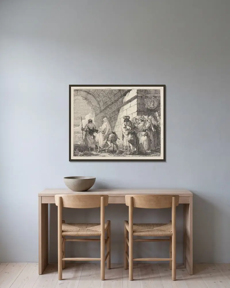 Den heliga familjen passerar under en stadsbåge av Giovanni Domenico Tiepolo inramad på en vägg