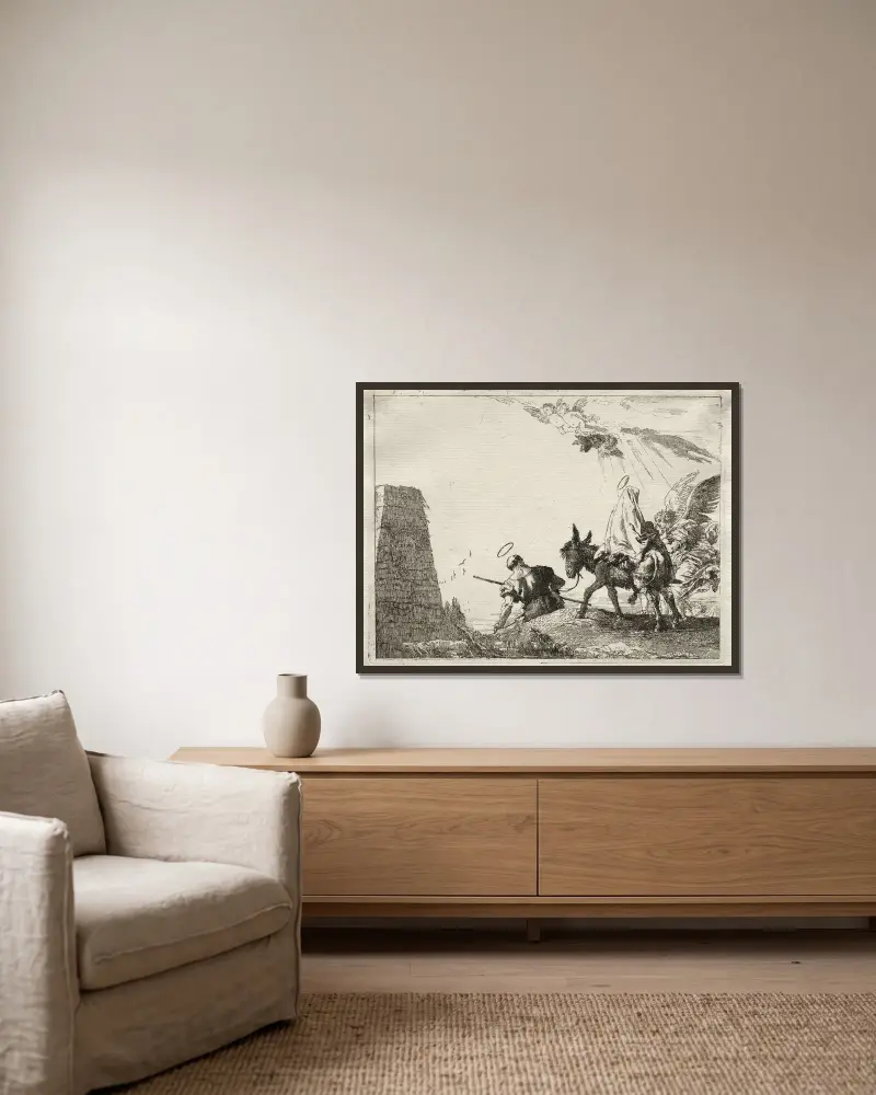 Den heliga familjen passerar en pyramid av Giovanni Domenico Tiepolo inramad på en vägg