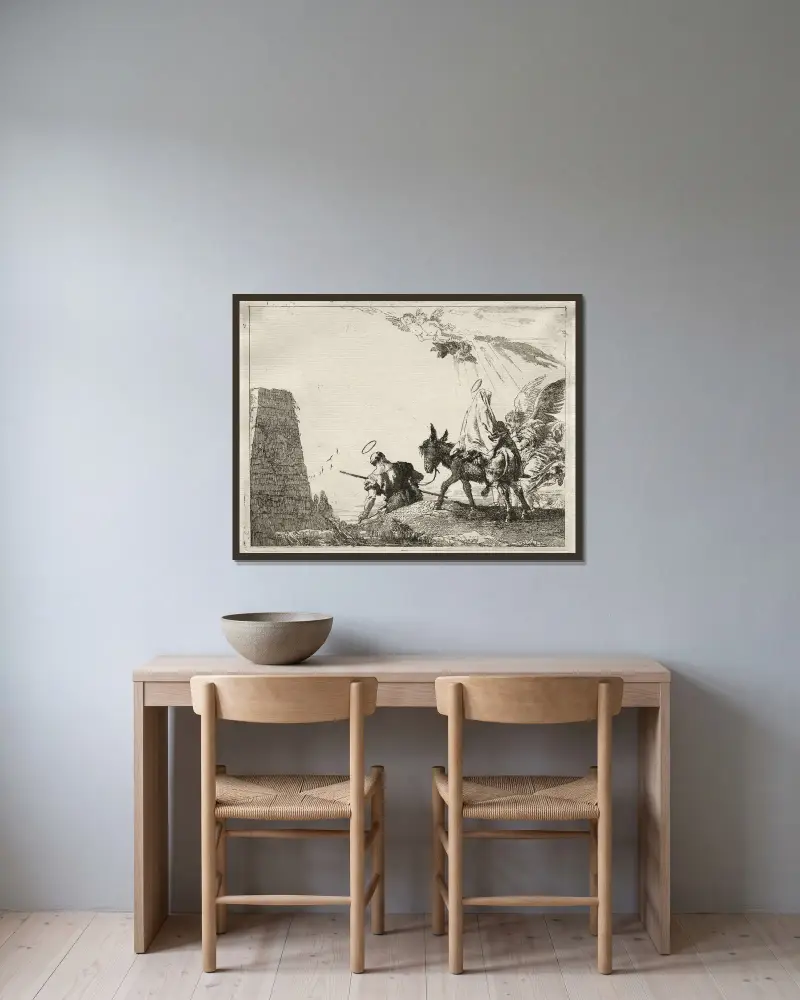 Den heliga familjen passerar en pyramid av Giovanni Domenico Tiepolo inramad på en vägg
