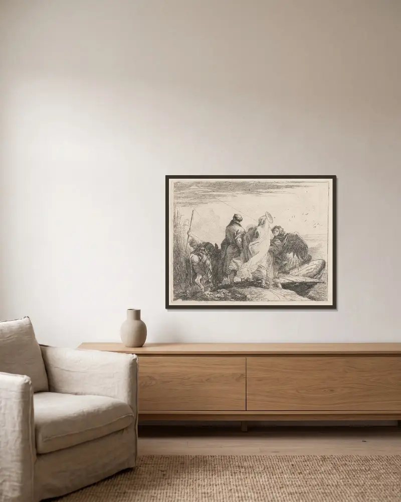 Den heliga familjen gör sig redo att embarkera av Giovanni Domenico Tiepolo inramad på en vägg