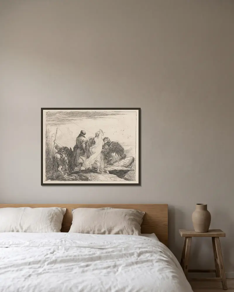 Den heliga familjen gör sig redo att embarkera av Giovanni Domenico Tiepolo inramad på en vägg