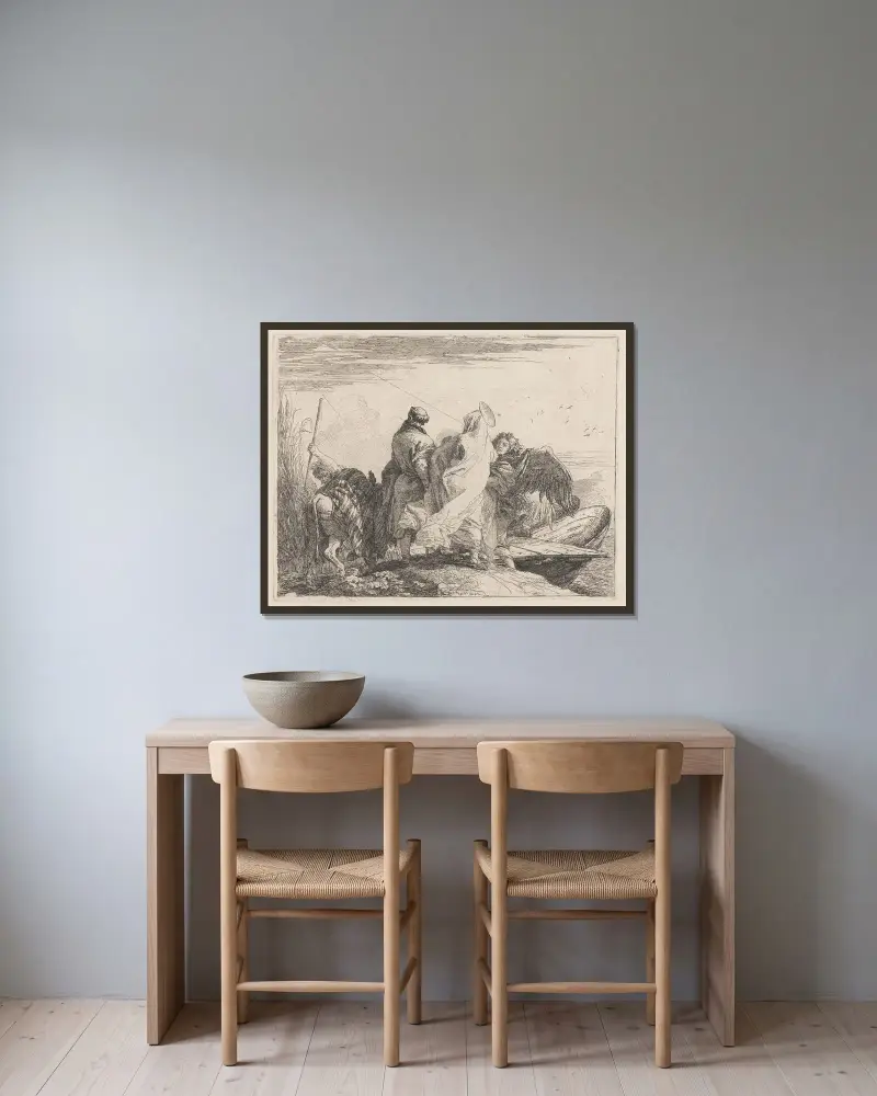 Den heliga familjen gör sig redo att embarkera av Giovanni Domenico Tiepolo inramad på en vägg