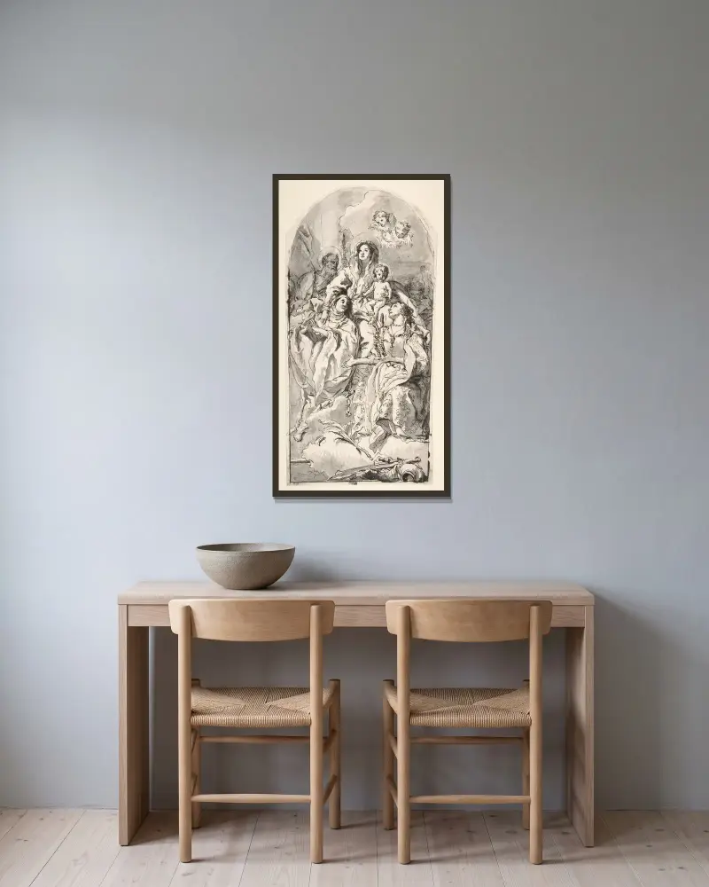 Den heliga familjen med två kvinnliga helgon av Giovanni Domenico Tiepolo inramad på en vägg