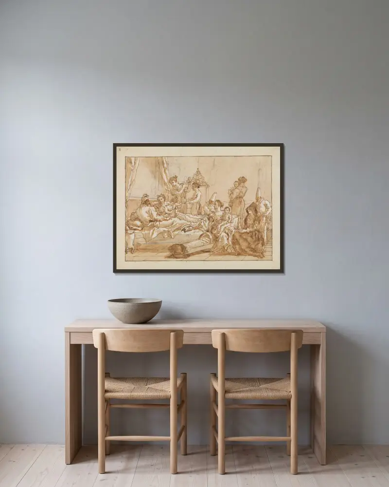 Den lille Punchinello i säng med sina föräldrar av Giovanni Domenico Tiepolo inramad på en vägg