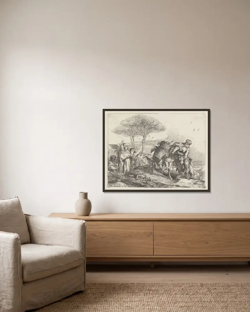 Madonnan och barnet till vänster, med en änglaskara av Giovanni Domenico Tiepolo inramad på en vägg