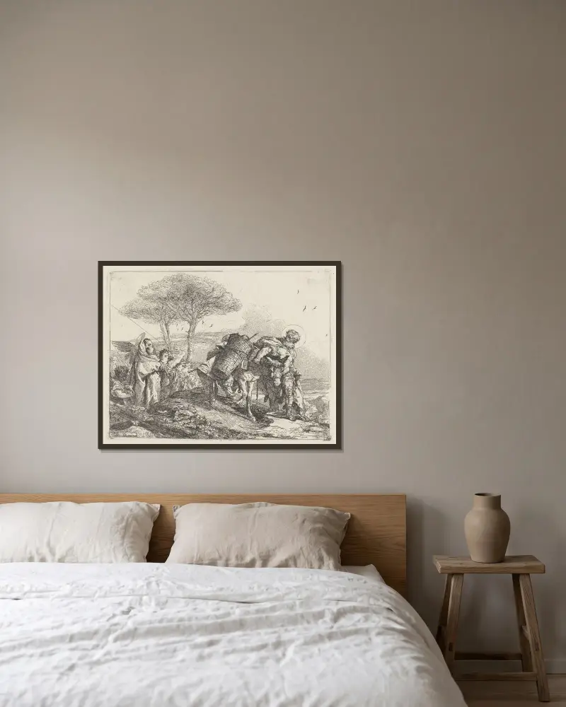 Madonnan och barnet till vänster, med en änglaskara av Giovanni Domenico Tiepolo inramad på en vägg