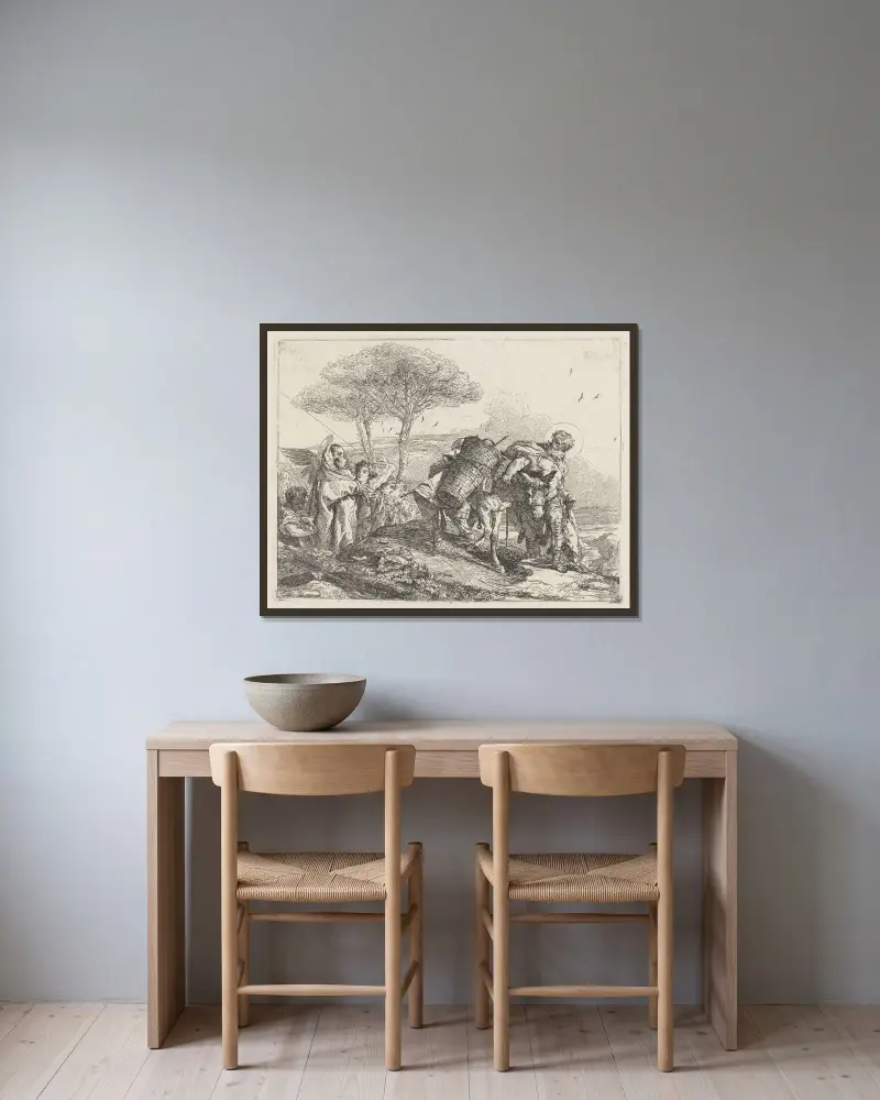 Madonnan och barnet till vänster, med en änglaskara av Giovanni Domenico Tiepolo inramad på en vägg