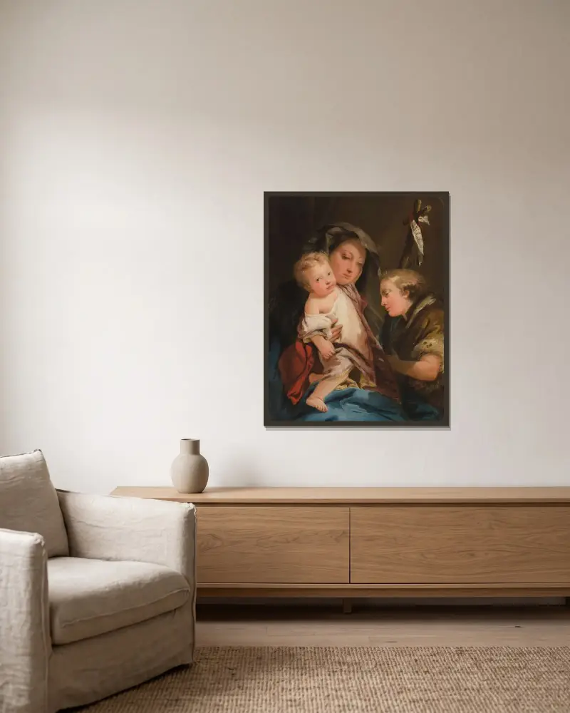 Madonnan och barnet med den lille Johannes Döparen av Giovanni Domenico Tiepolo inramad på en vägg