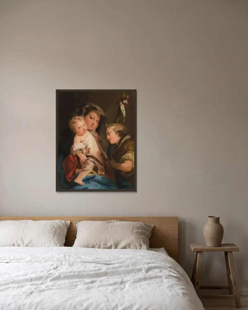 Madonnan och barnet med den lille Johannes Döparen av Giovanni Domenico Tiepolo inramad på en vägg