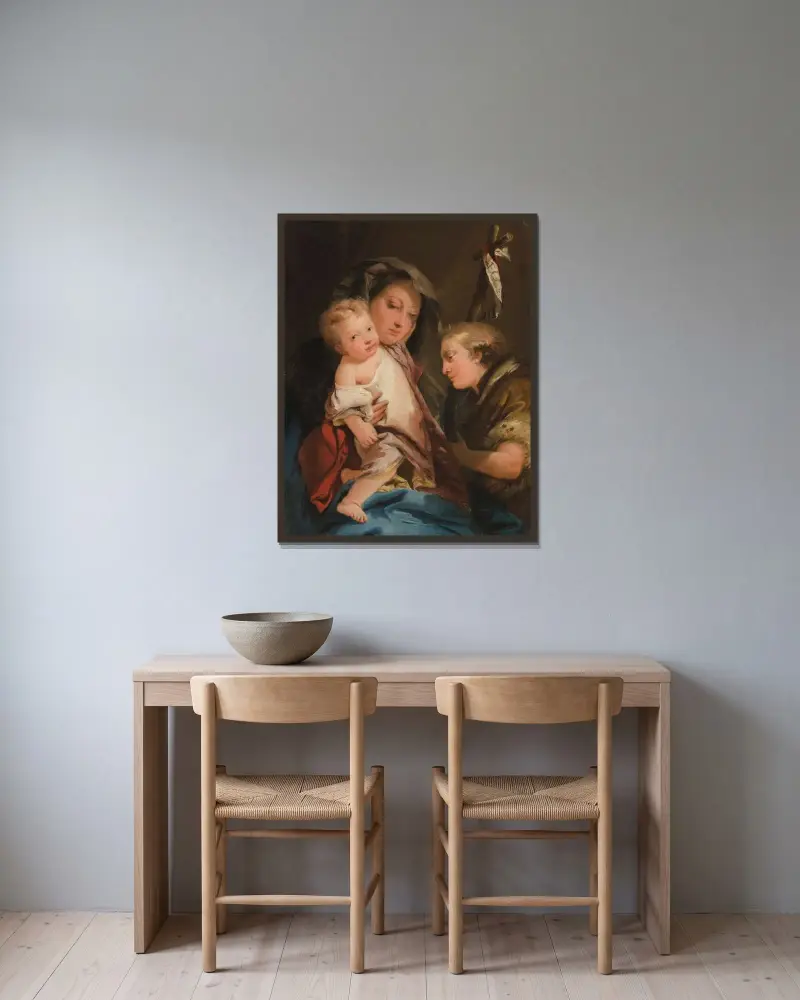 Madonnan och barnet med den lille Johannes Döparen av Giovanni Domenico Tiepolo inramad på en vägg